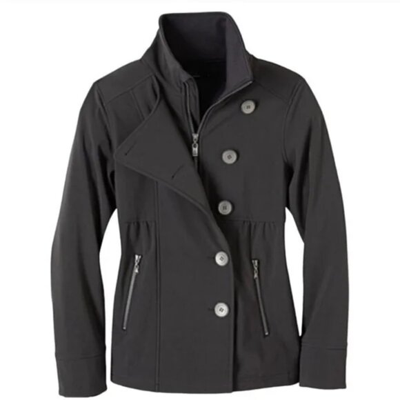 Prana Jackets & Blazers - PrAna Asymmetrical Button Front Black Pea coat Soft Shell Jacket Water Repellant